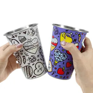 Custom printed aluminum tumbler with colorful doodle artwork held in hands