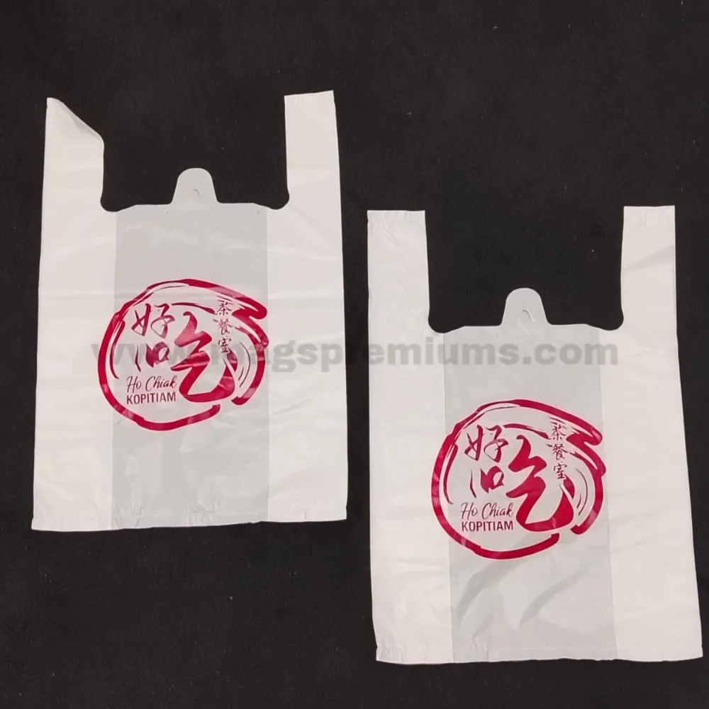 Plastic Bags Wholesaler Custom plastic singlet bags with logo printing for food takeaway packaging.