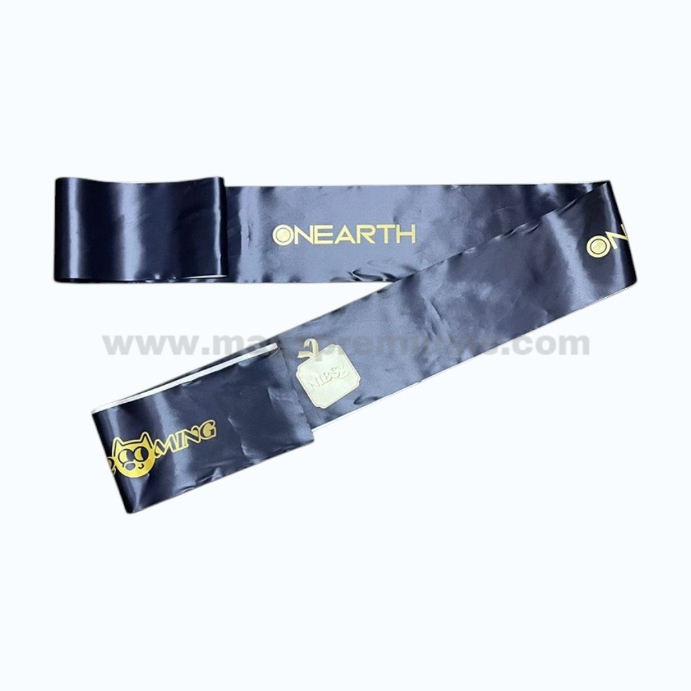 Grand Opening Ribbon Black custom event sash with gold logo printing for brand promotions.