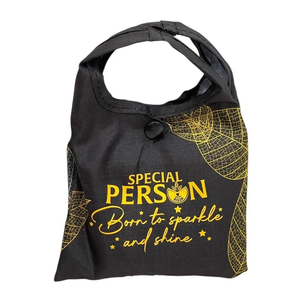 Foldable Nylon Shopping Bag reusable lunch bag with custom printed design and button closure.