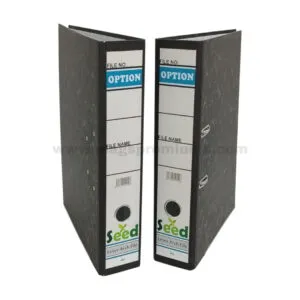 Black lever arch file folder with spine label holder and ring binder mechanism, suitable for office document storage, filing systems, records management, and corporate organization.