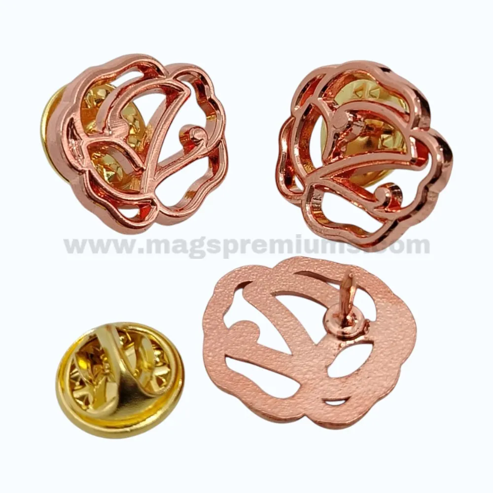 Metal Lapel Pins Rose gold custom lapel pins with die-cut logo design.