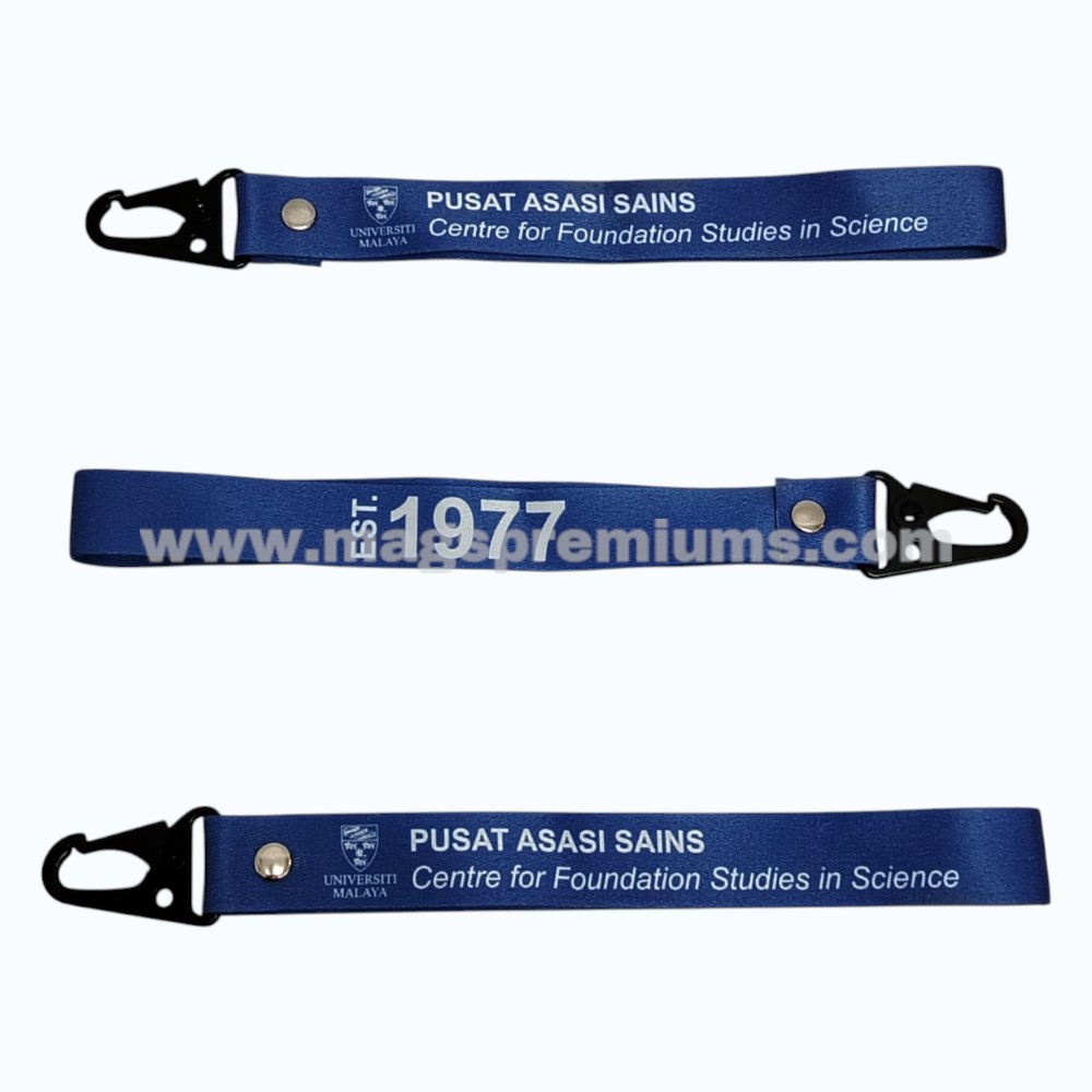 Fabric Keychain Custom woven keychains with metal hook attachment and logo branding.