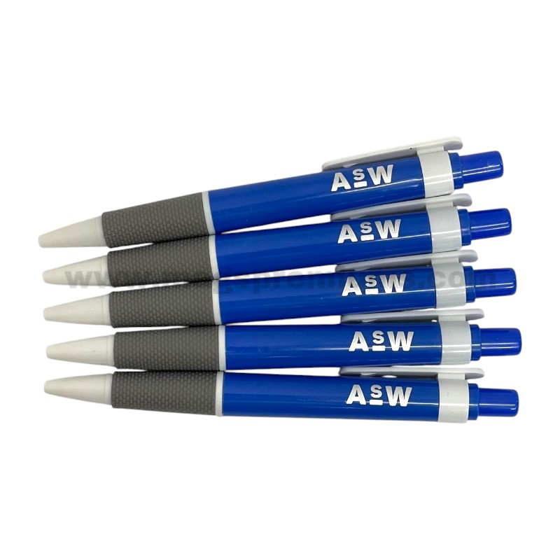 Pens with Logo Blue plastic ball pen with printed company logo for corporate giveaways and promotional campaigns.