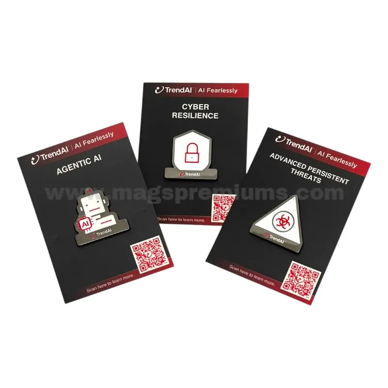Custom Lapel Pins with Backing Card Custom soft enamel pins with AI and cybersecurity themed designs for corporate branding.