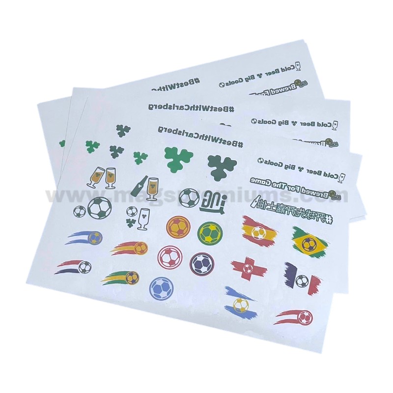 Temporary Tattoo Printing Custom temporary tattoo stickers with colourful football-themed designs for promotional events and brand activation.