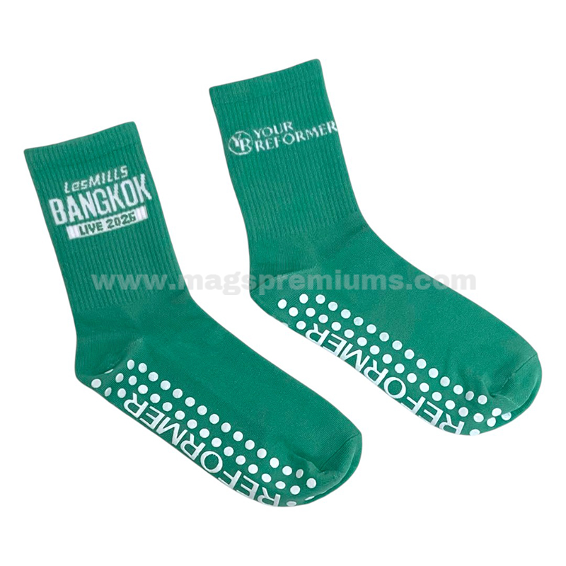 Custom Grip Socks Custom anti-slip grip socks with silicone dots and knitted logo for fitness, yoga and sports activities.
