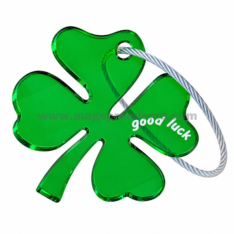 Translucent Acrylic Keychain Green four-leaf clover acrylic keychain with “good luck” text and metal cable loop.