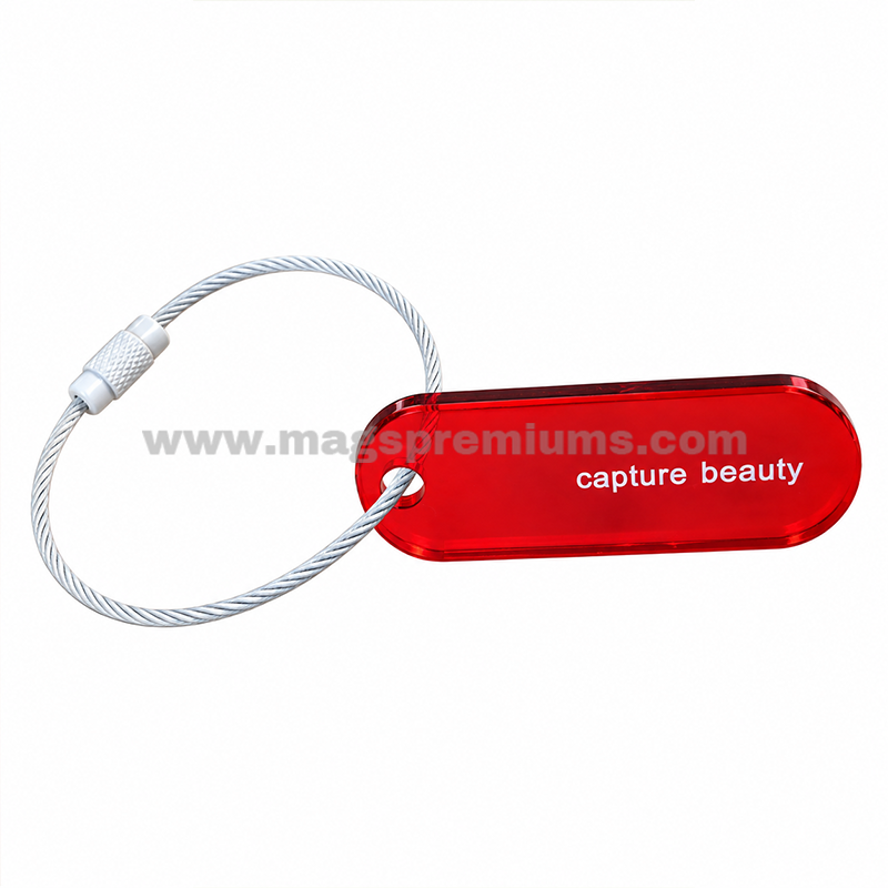 Translucent Acrylic Keychain Red transparent acrylic keychain with “capture beauty” text and metal cable loop.