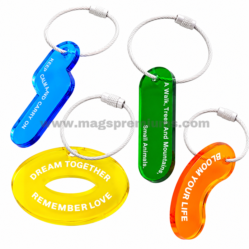 Translucent Acrylic Keychain Set of colorful transparent acrylic keychains with custom text and metal cable loops.