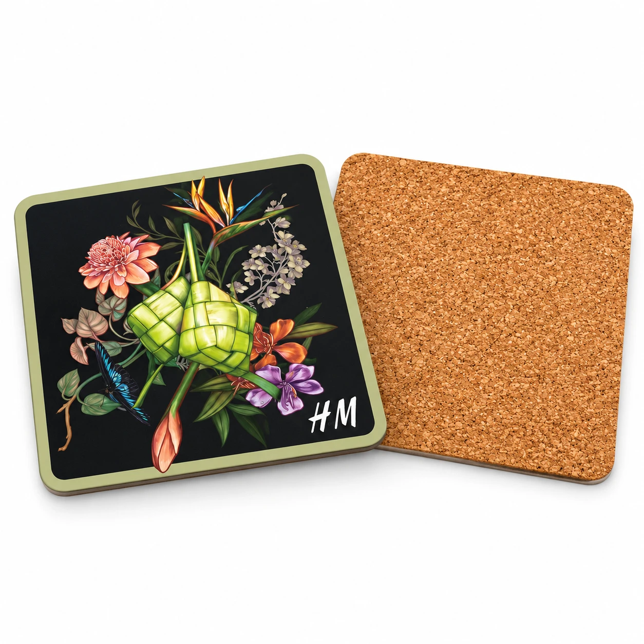 Cork Coaster Custom printed square cork coaster with full colour floral design and cork backing