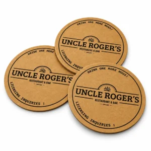 Round kraft paper coasters printed with a restaurant and bar logo in black ink