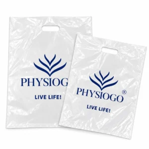 Clear glossy die cut plastic bags in two sizes with blue logo and slogan printing