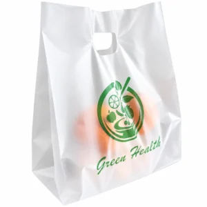 Frosted matte die cut plastic bag with green logo printing, carrying fresh fruit