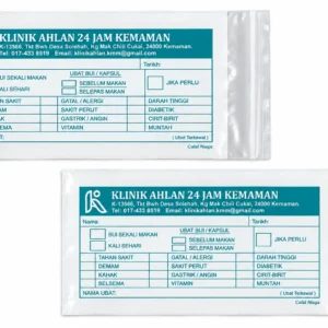 Clear ziplock medicine bags printed with a clinic label and dosage tick boxes