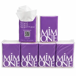 Purple custom printed pocket tissue packs with logo and QR code, one pack open showing the tissue