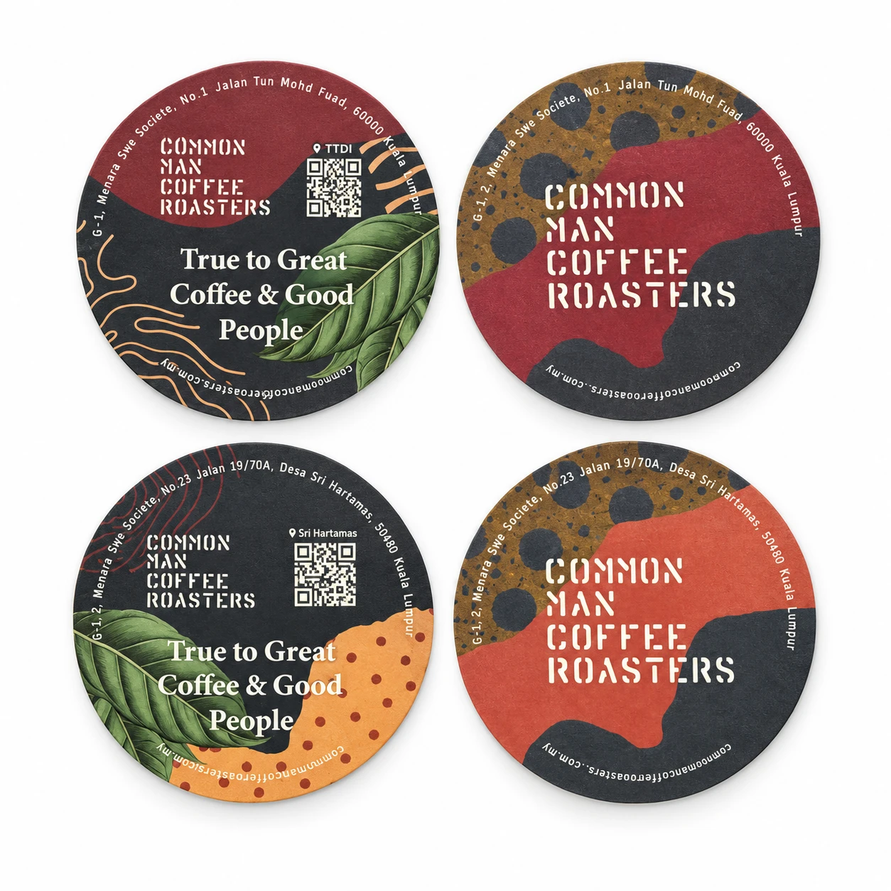 Cardboard Coaster Printing Custom printed round cardboard coasters in full colour with Common Man Coffee Roasters logo and QR code