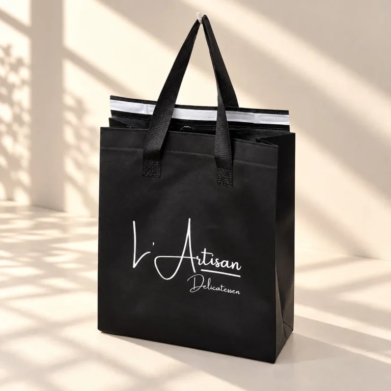 Custom printed black insulated cooler tote bag for L Artisan Delicatessen
