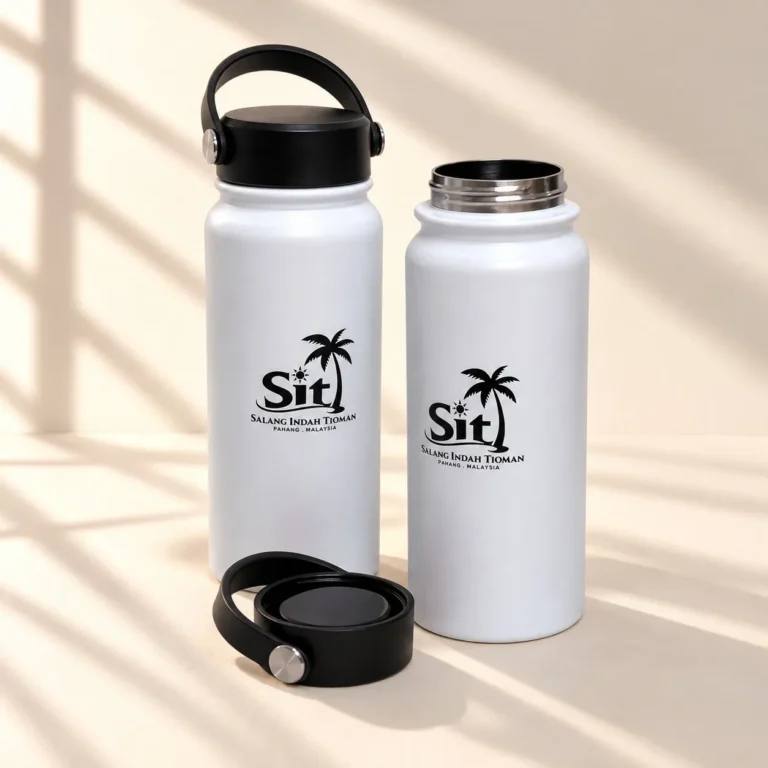Custom printed white thermos flasks for Salang Indah Tioman