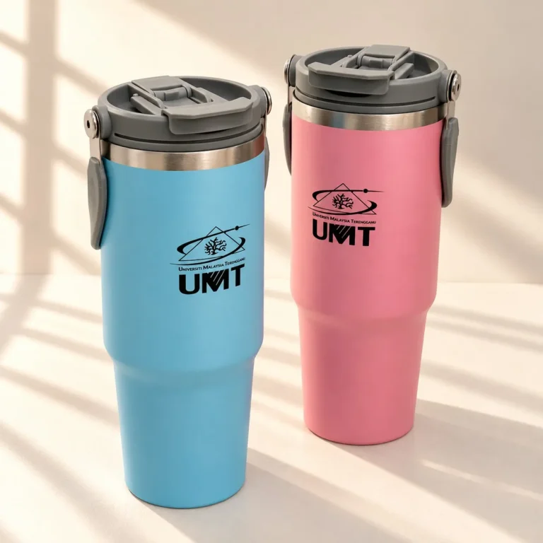 Custom printed blue and pink insulated tumblers for Universiti Malaysia Terengganu